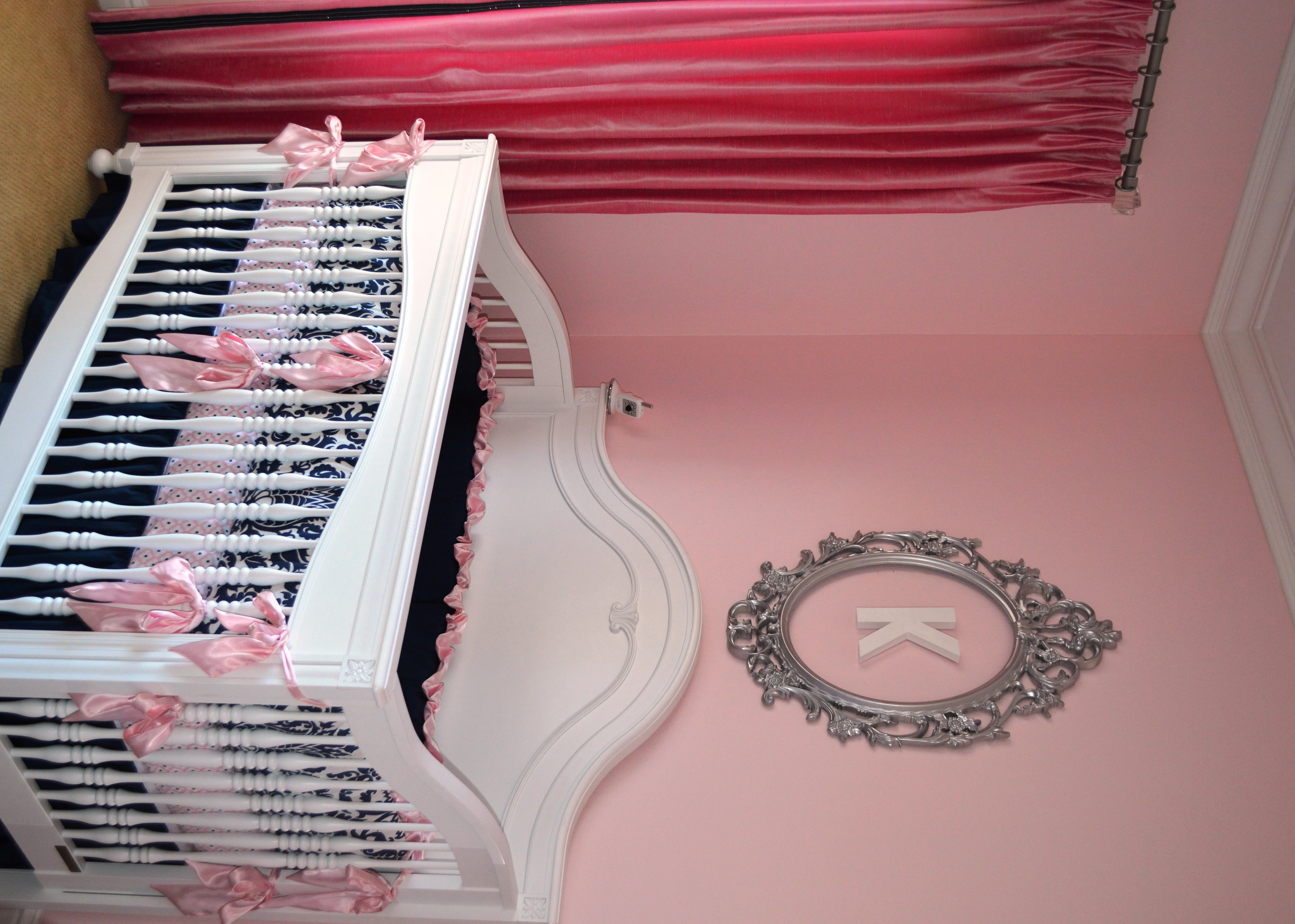 Navy and Pink Nursery with Vintage Furniture and Silver Accents