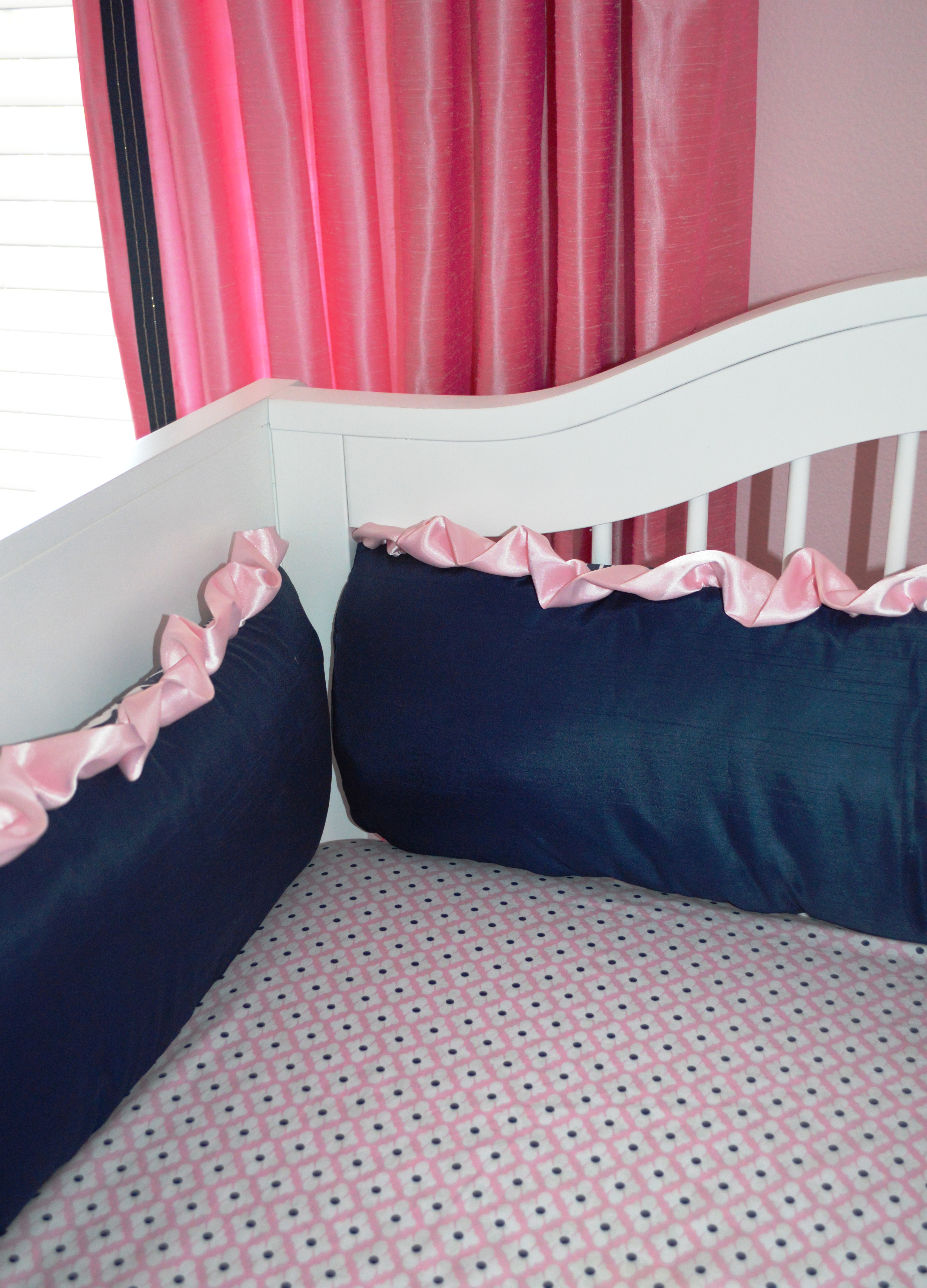 Navy and Pink Ruffle Crib Bumper