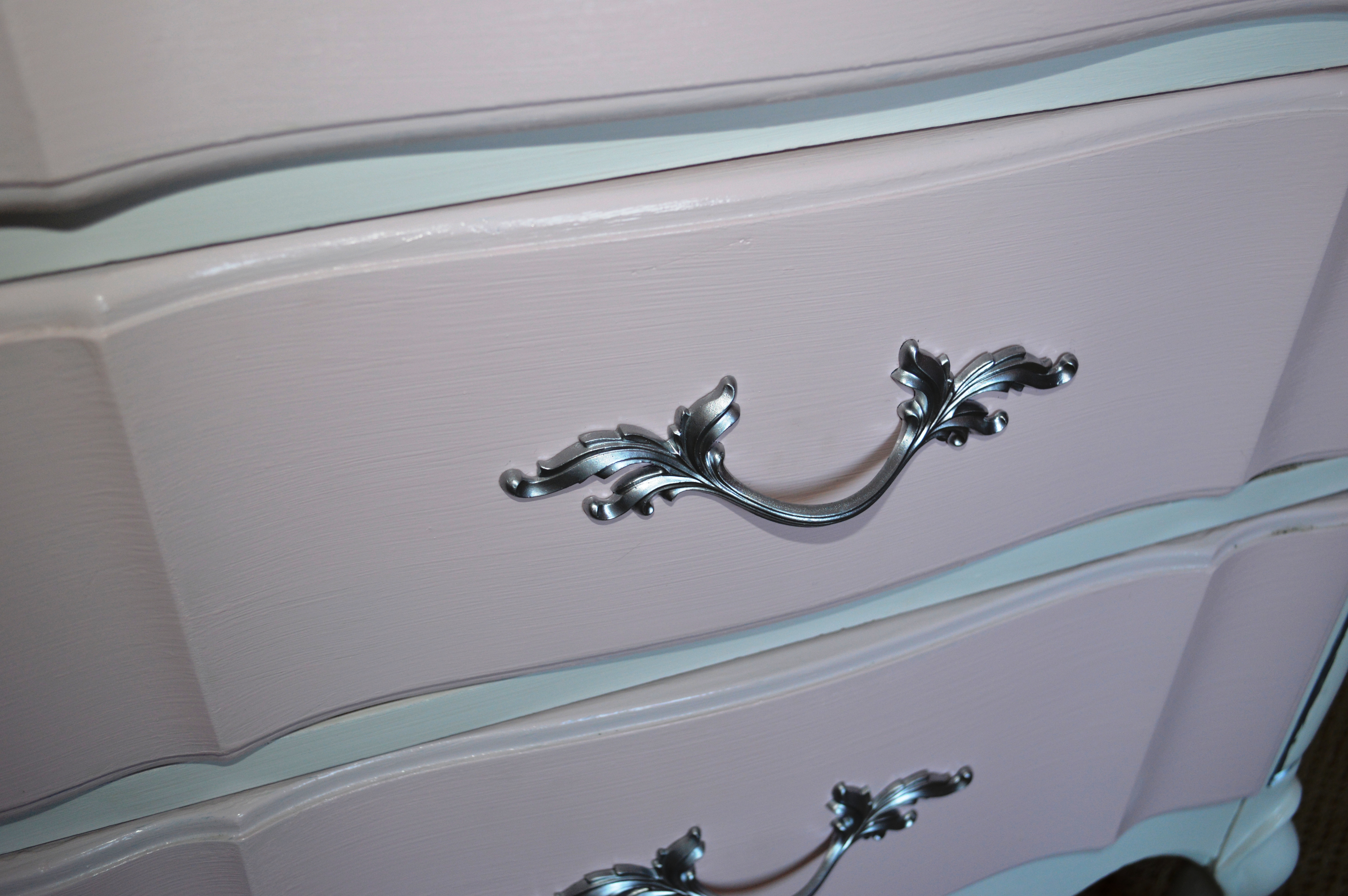 Pink Painted Dresser Drawer Fronts with Vintage Handles