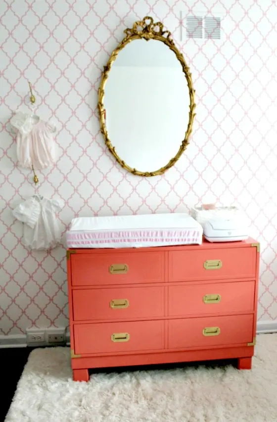 Coral Changing Table and Pink Trellis Wallpaper - Project Nursery