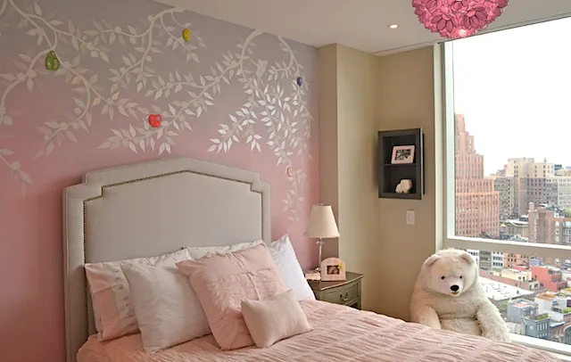 Pink Ombre Girl's Room with White Painted Branches