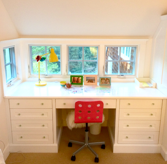 Classic White Built-In Desk with Red Chair