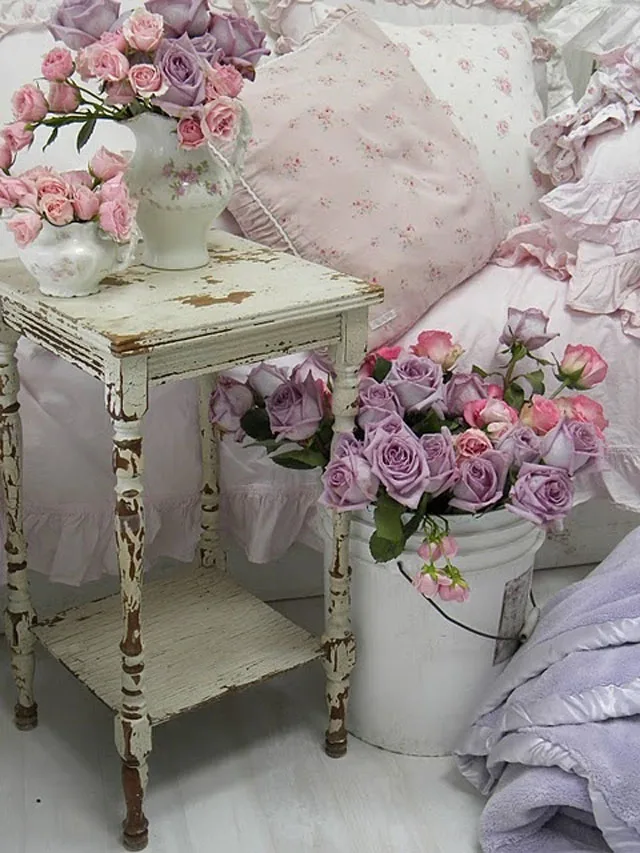 Shabby Chic Bedroom with Pink and Purple Flower Arrangements