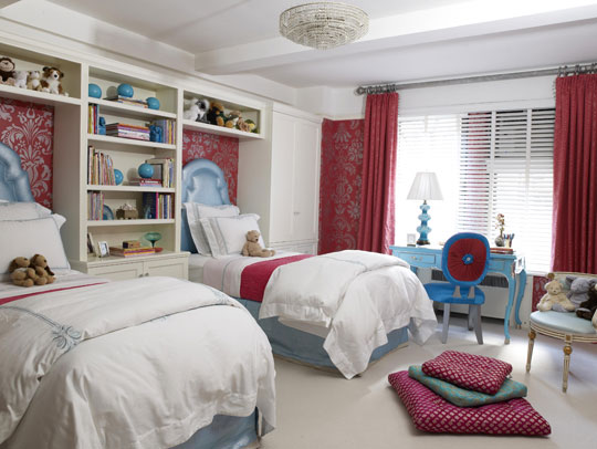 Shared Big Kid Room with Red Damask Accents