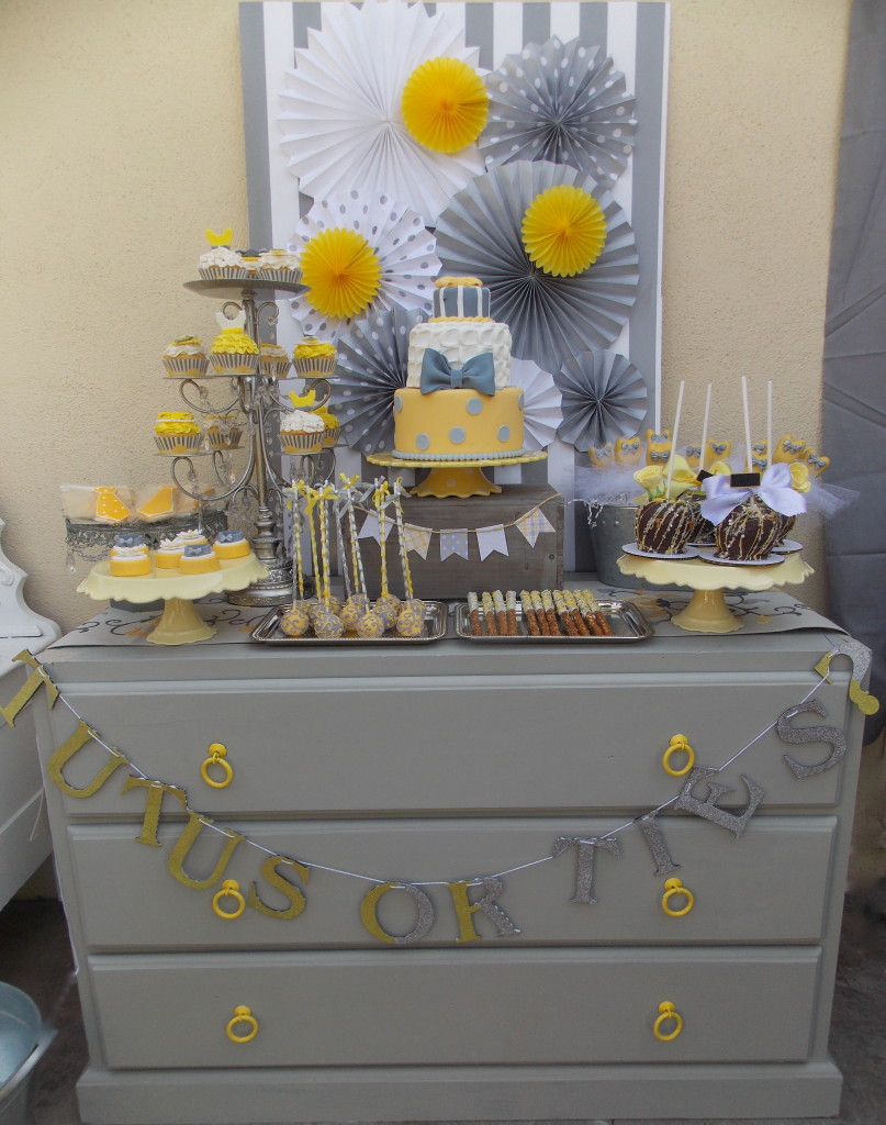 Gray and Yellow Gender Reveal Dessert Table