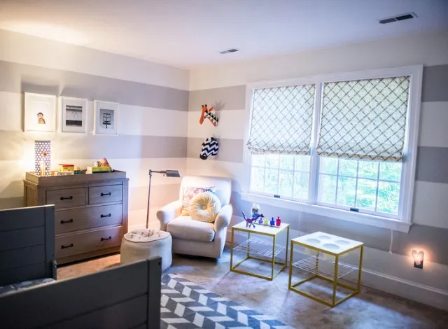 Modern Nursery with Gray and White Striped Walls - Project Nursery