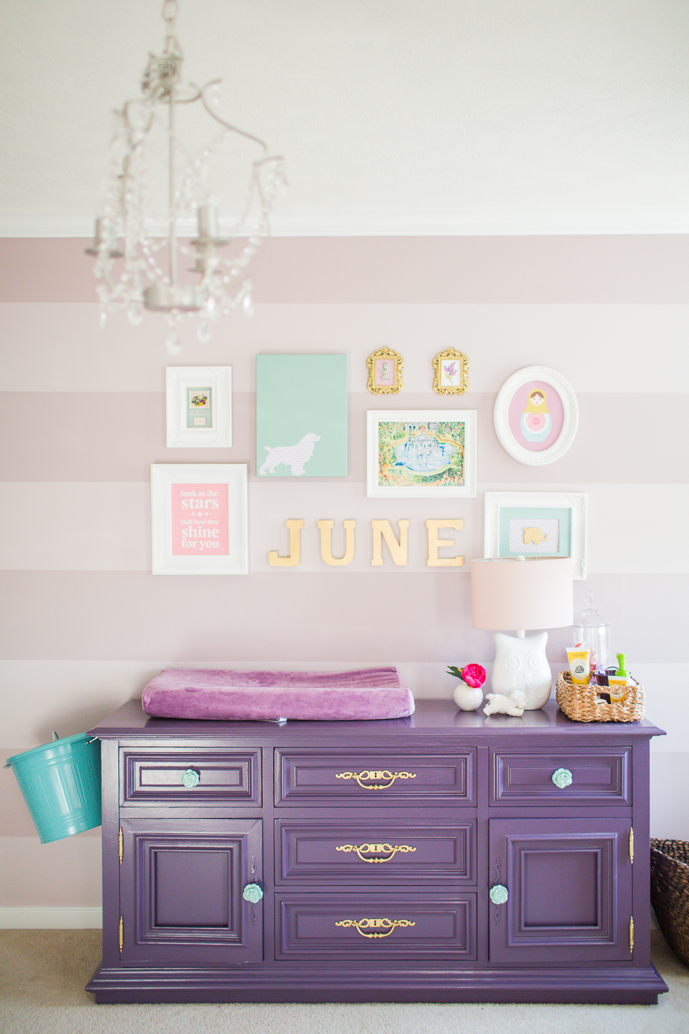 Painted Purple Dresser with Sea Mist Blue and Gold Knobs