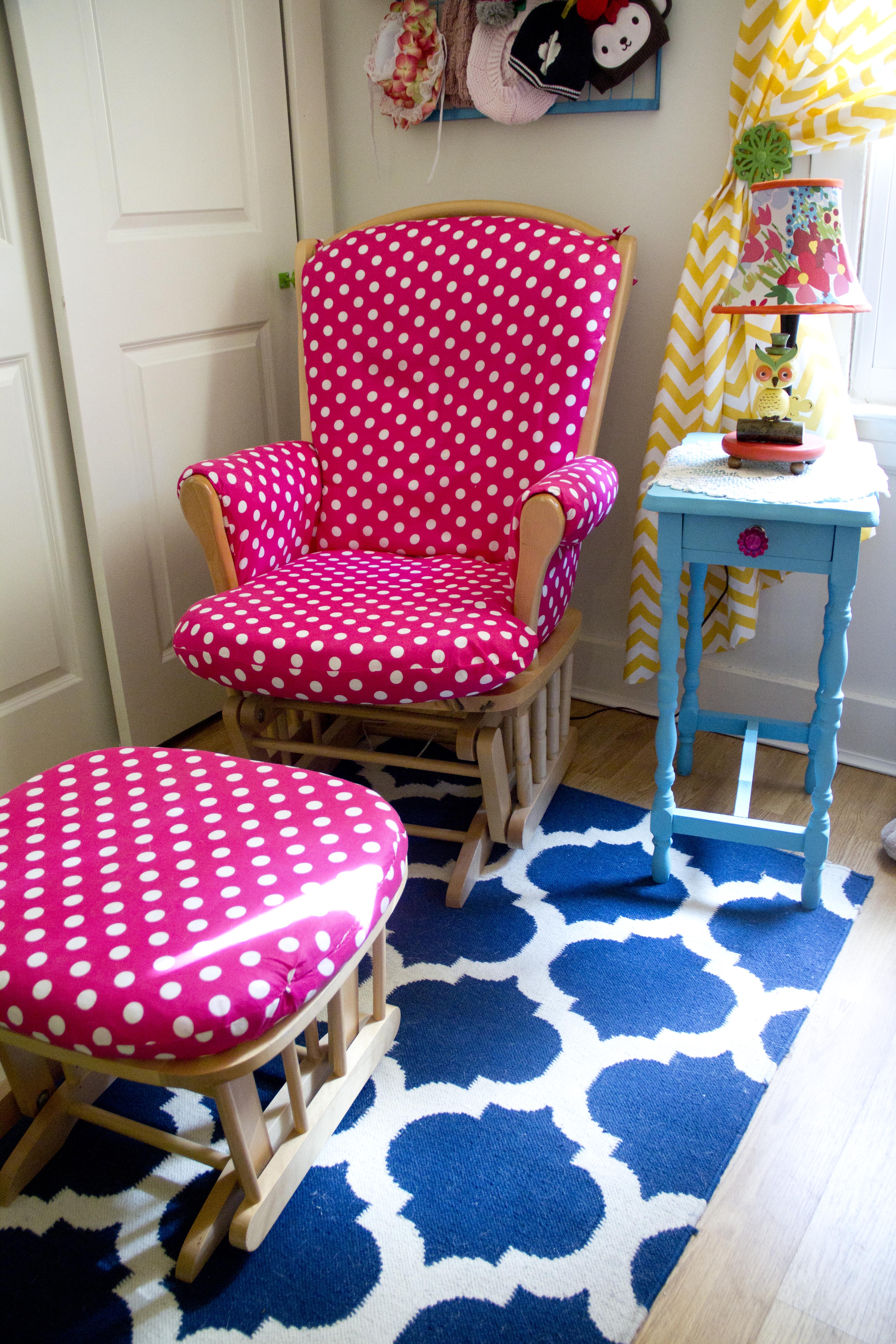 Bright Pink and White Polka Dot Glider and Ottoman