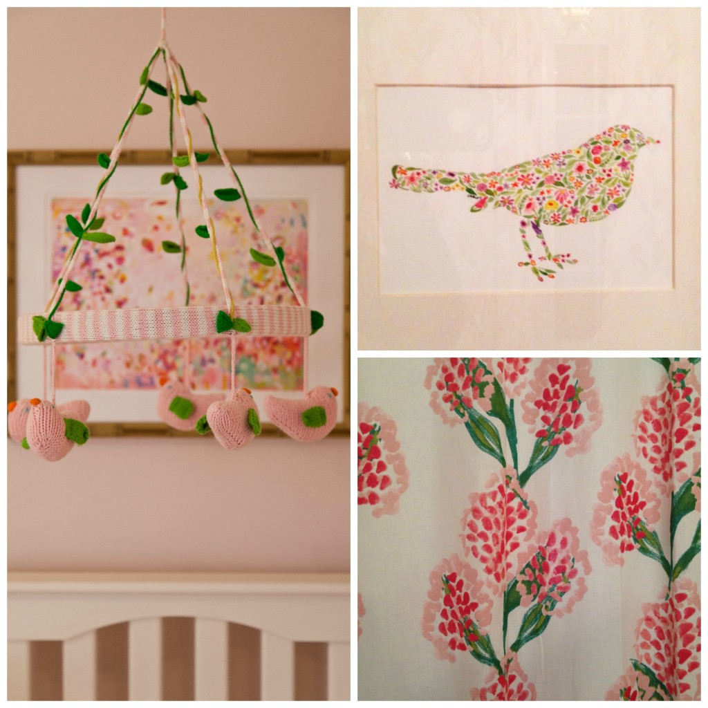 BlaBla Pink Birds Mobile and Speckled Bloom Curtains