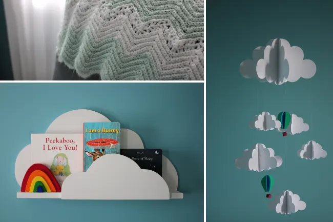Modern Teal Nursery with Cloud Bookshelf and Mobile - Project Nursery