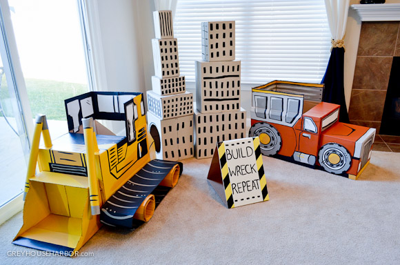 Cardboard Bulldozer and Dump Truck Made from Moving Boxes