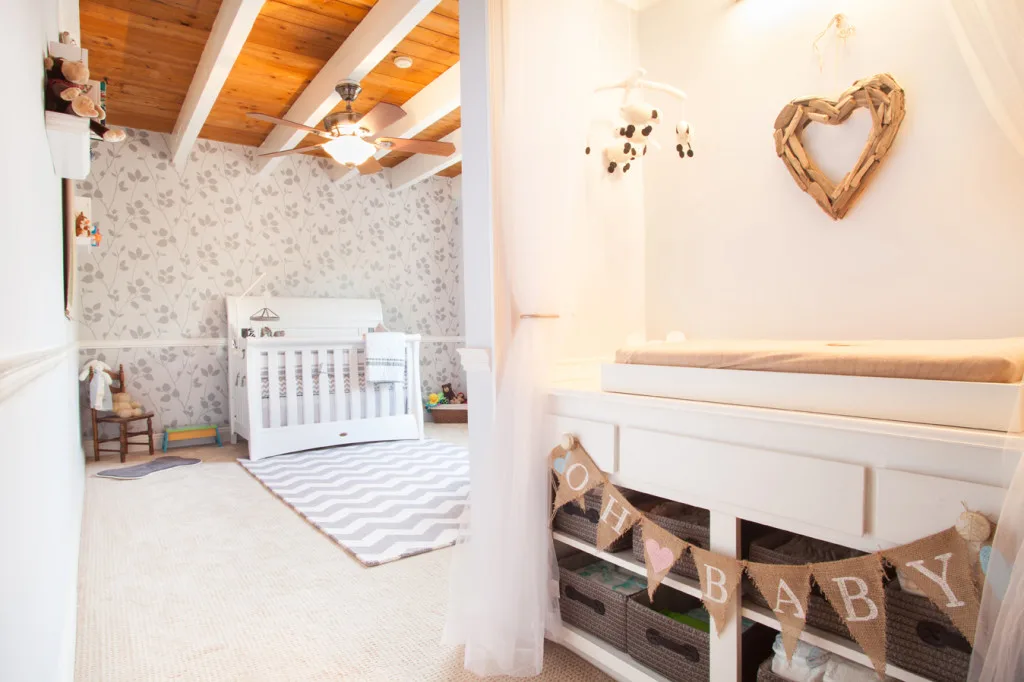 Modern Nursery with Natural Wood Ceiling and White Beams - Project Nursery