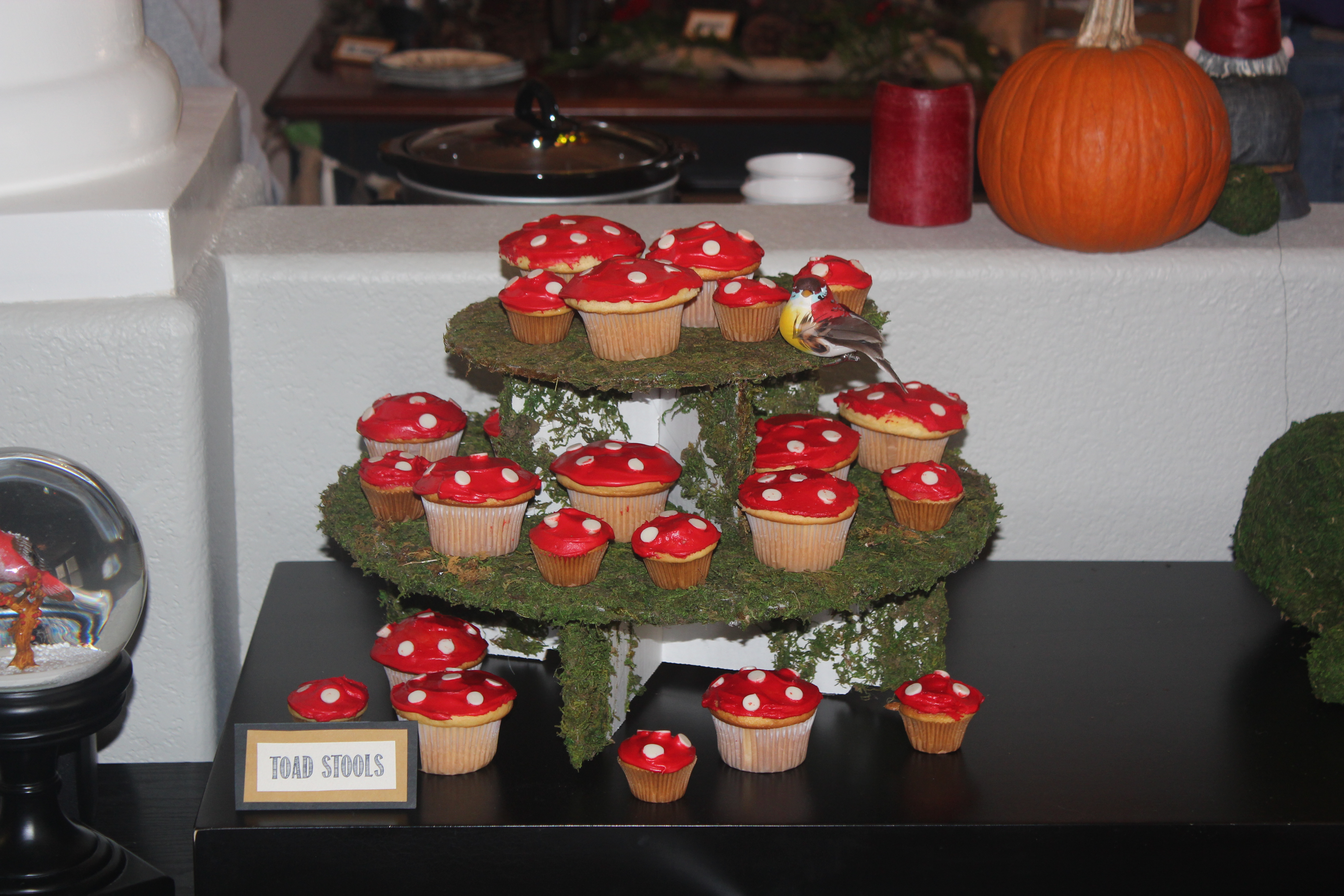 Toad Stool Cupcakes on Moss Covered Cupcake Stand