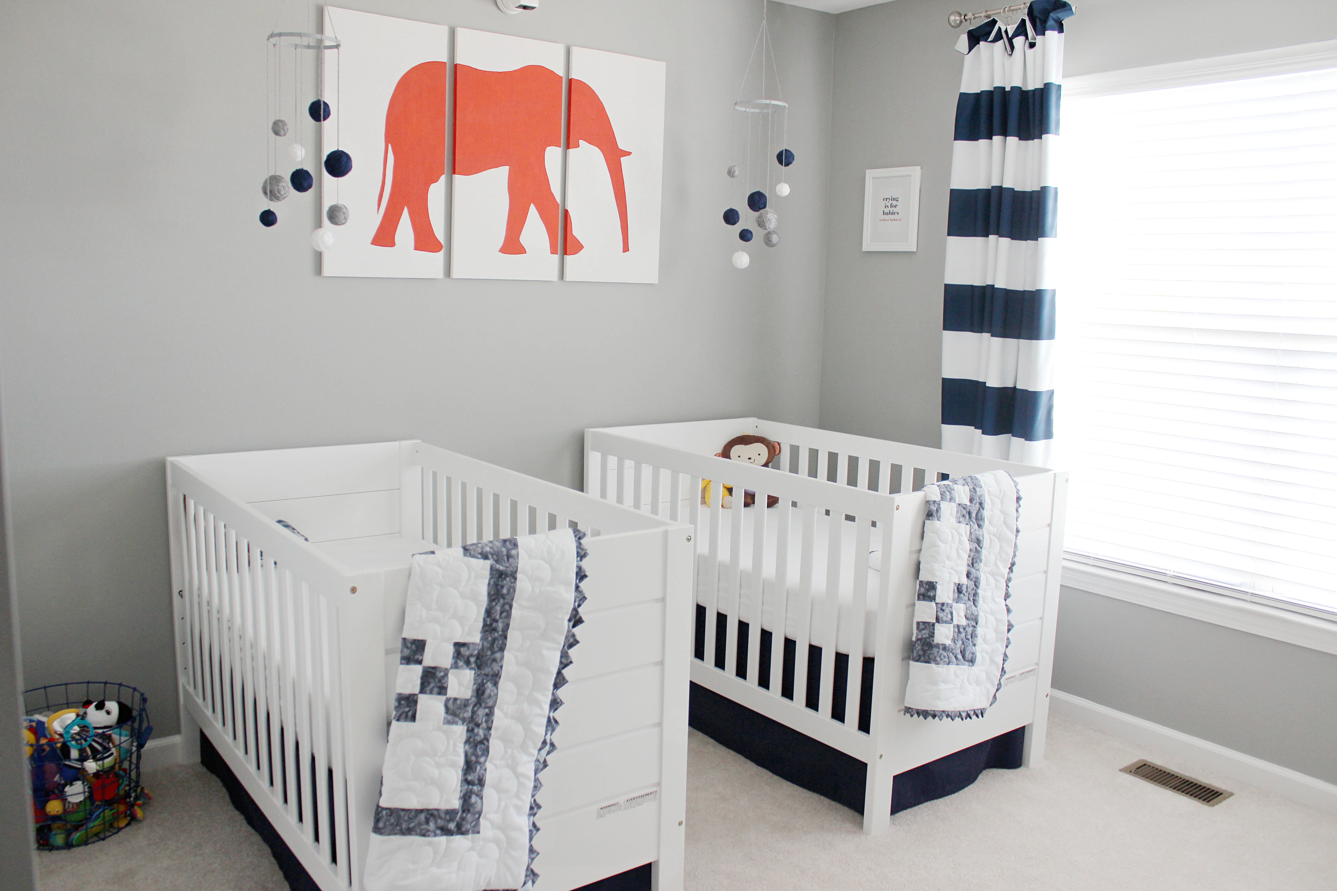 Navy, Gray and Orange Twin Boys Nursery