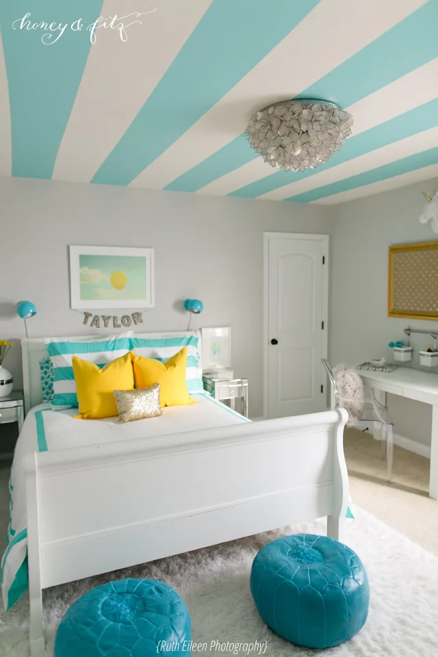 Tween Bedroom with Turquoise Striped Ceiling - Project Nursery