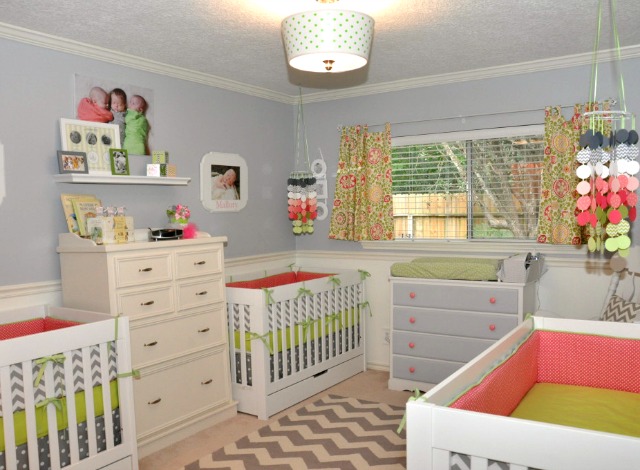 Gray, Coral and Lime Green Triplet Nursery - Project Nursery