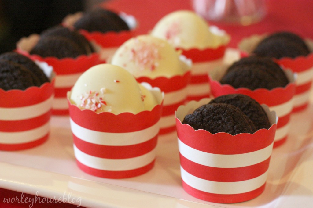 Red + White Stripe Baking Cups Filled with Cookies