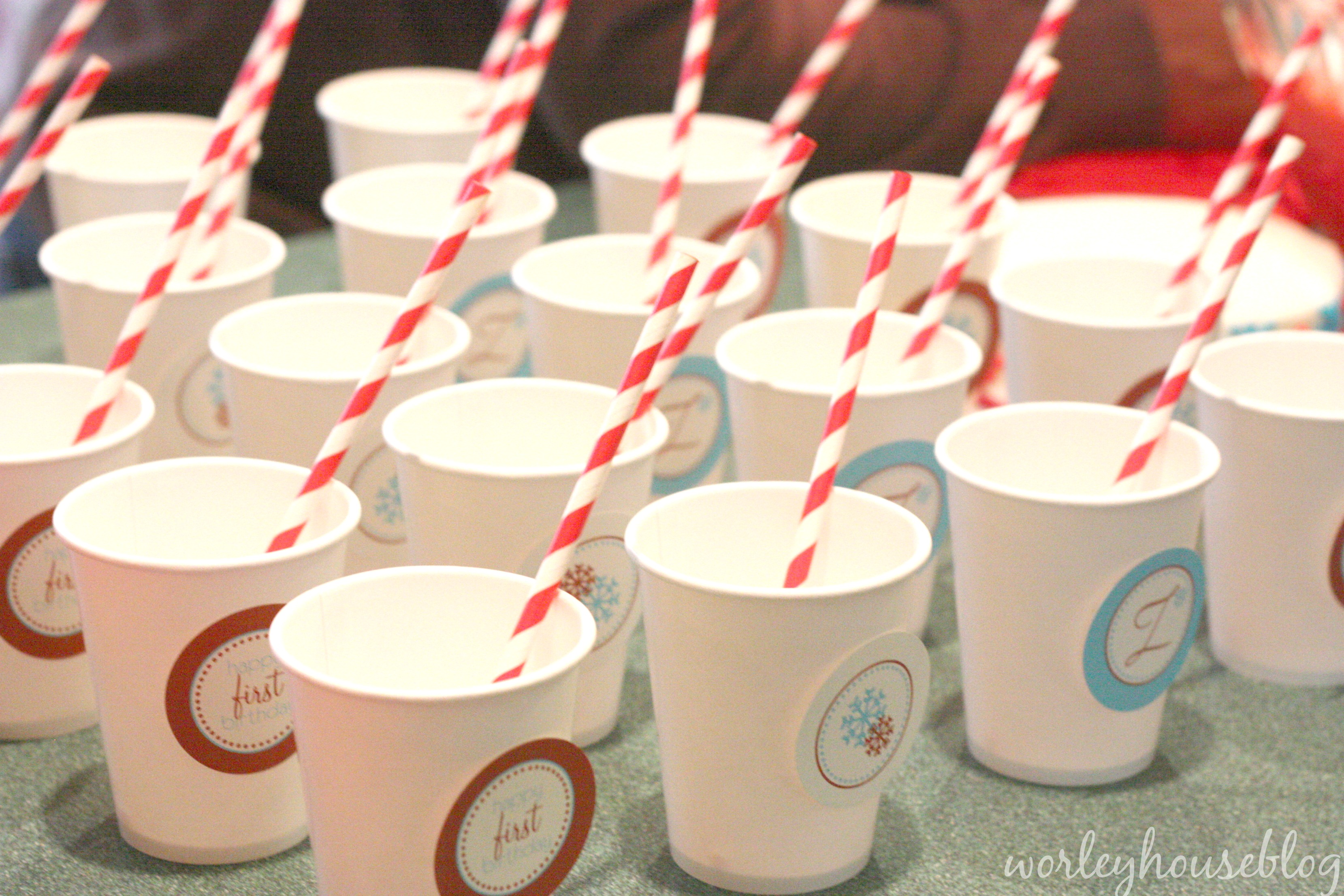 Winter ONEderland Cups with Red + White Striped Straws