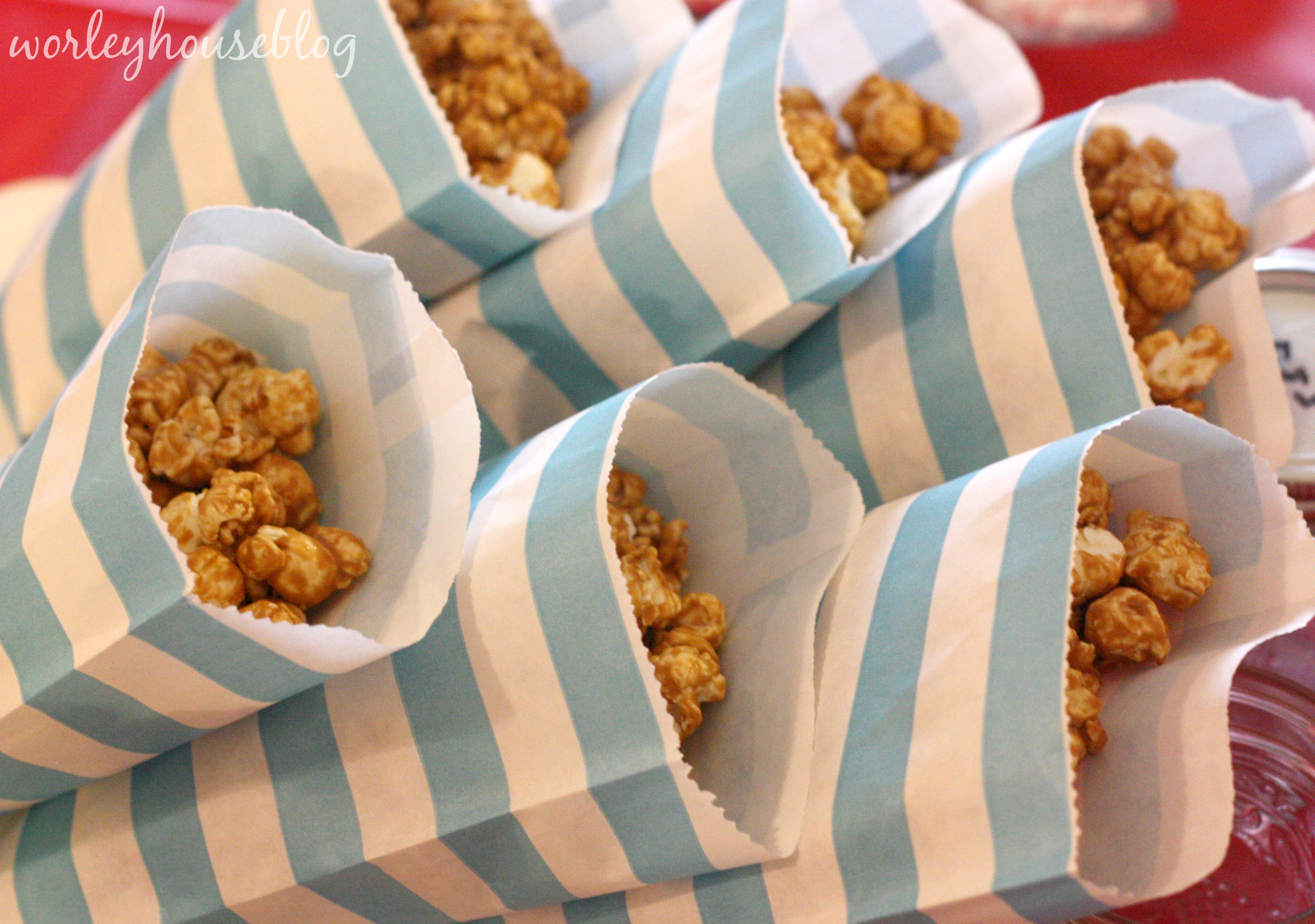 Blue + White Striped Bags with Carmel Corn