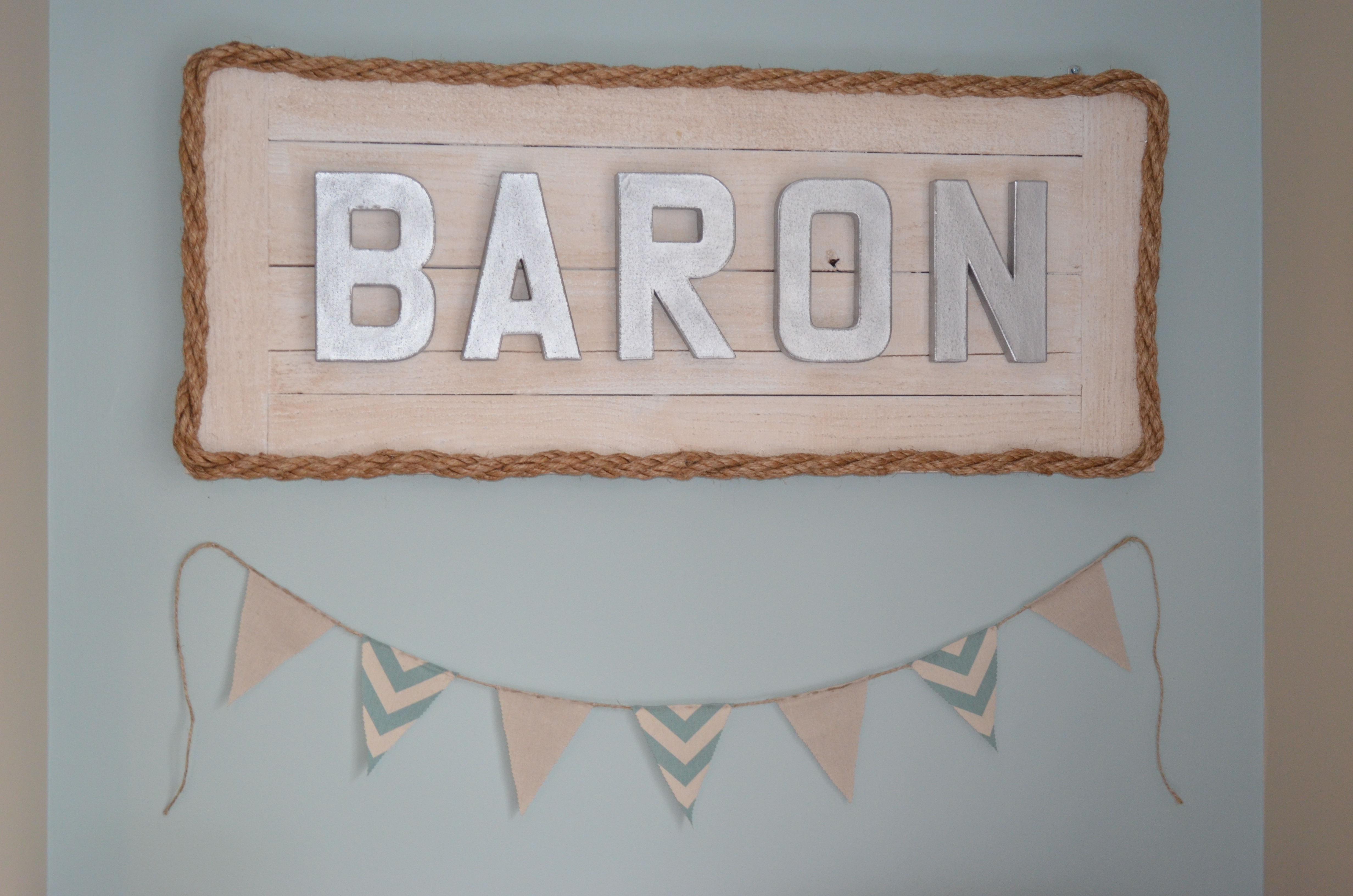 DIY Nautical Sign Using Skid, Rope, Old paint and Paper Mache Letters
