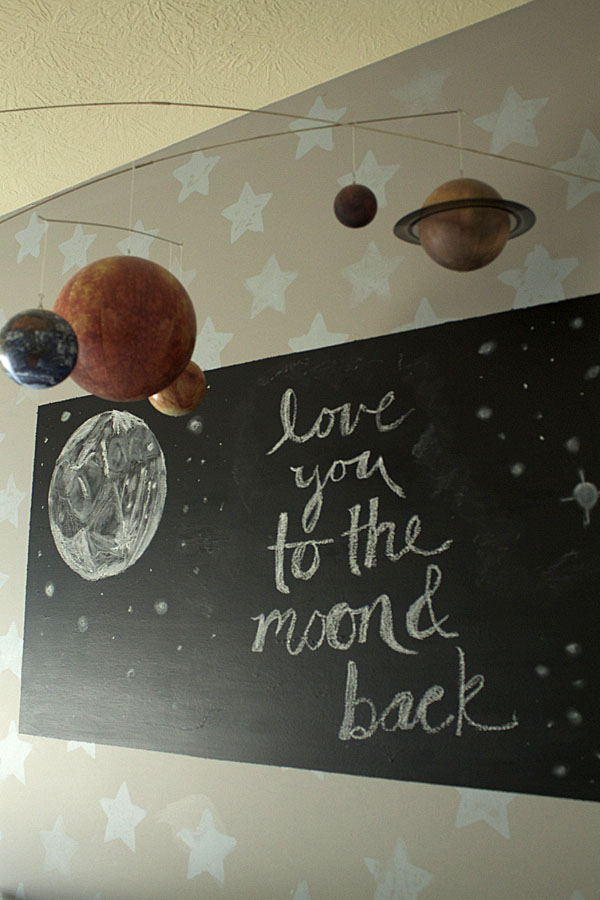 Stenciled Star Wall with Chalkboard Frame to Leave Messages