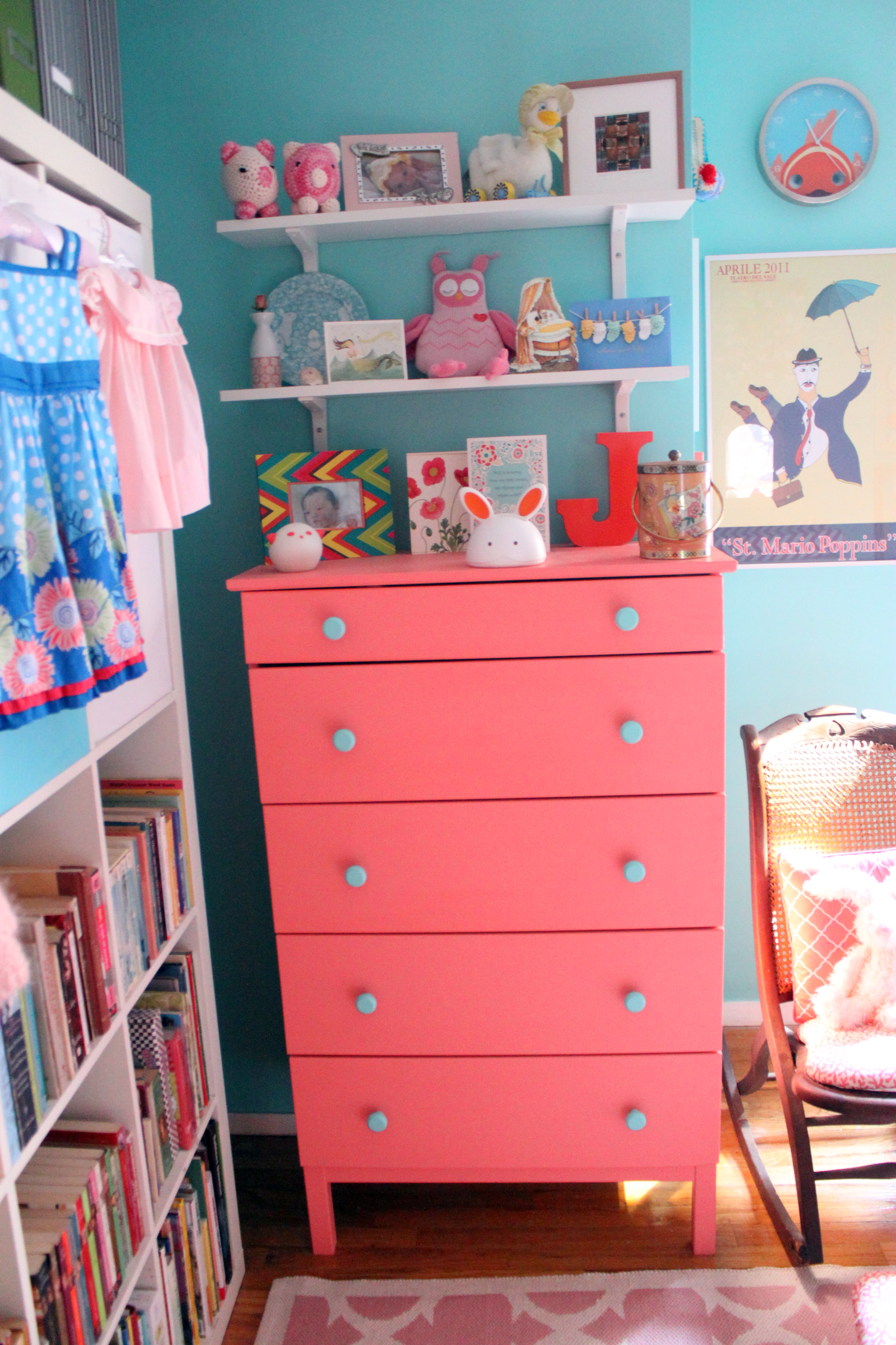 Coral Painted TARVA Dresser with Aqua Blue Knobs