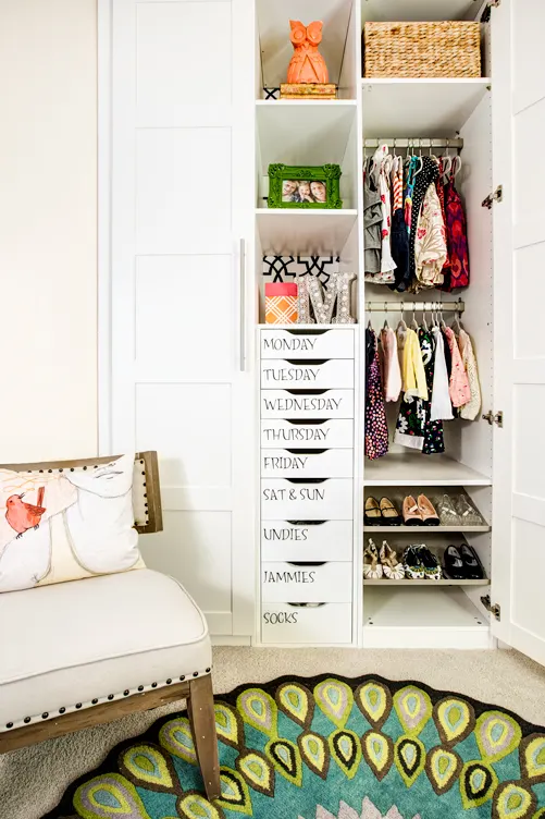 Organized Nursery Closet with Day of the Week Drawers - Project Nursery