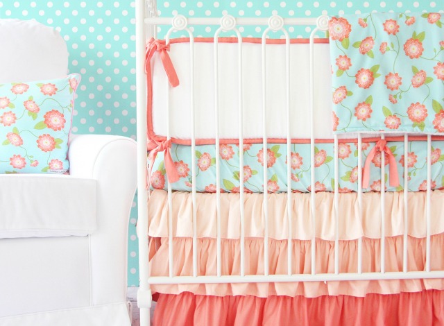 Turquoise and Coral Crib Bedding Set by Caden Lane