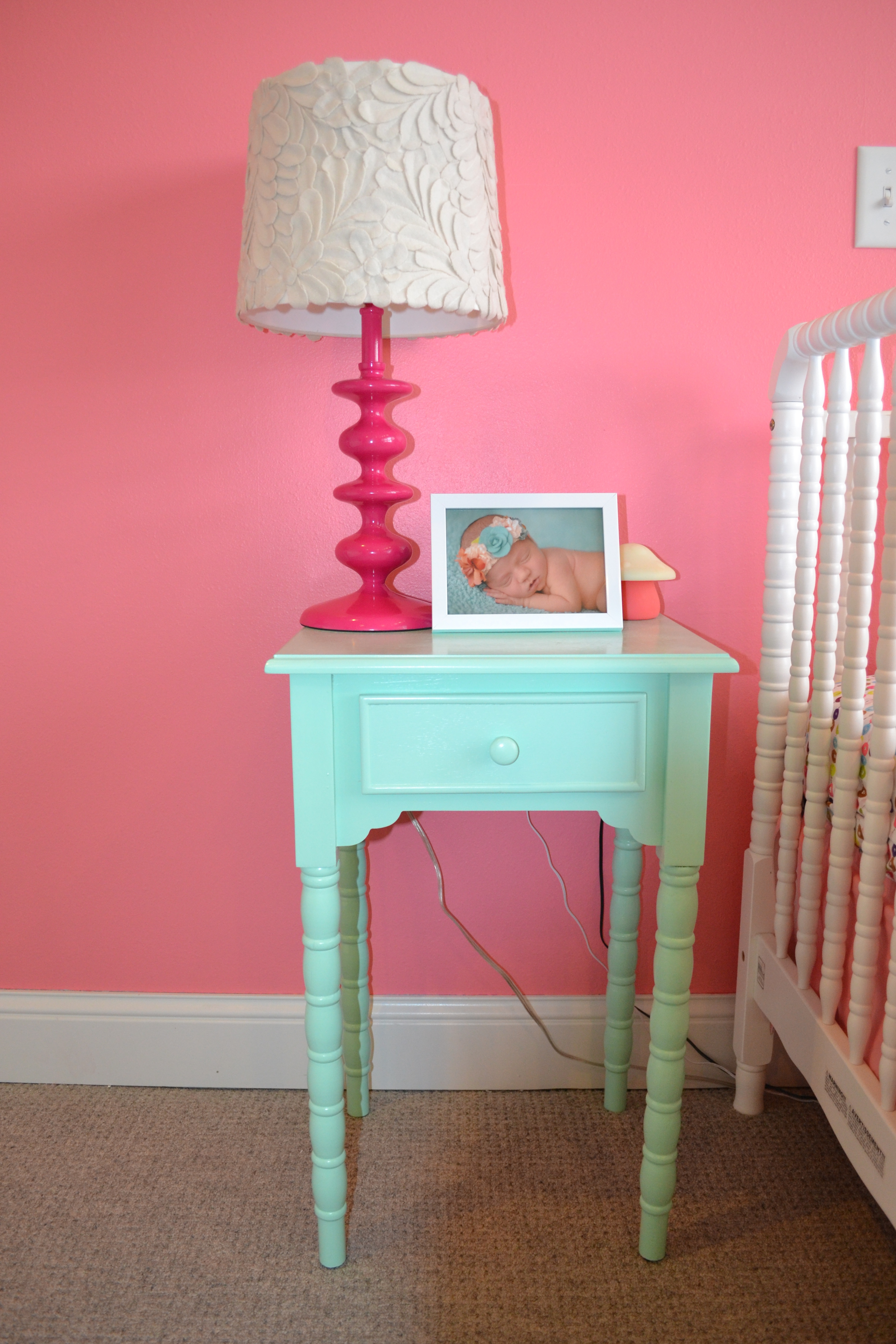 Mint Spindle Night Stand with Hot Pink Spindle Lamp