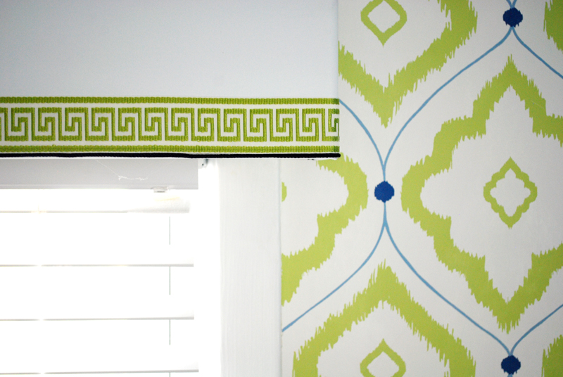 White Denim Cornice Embellished with Navy Trim and Chartreuse Green Greek Key Tape
