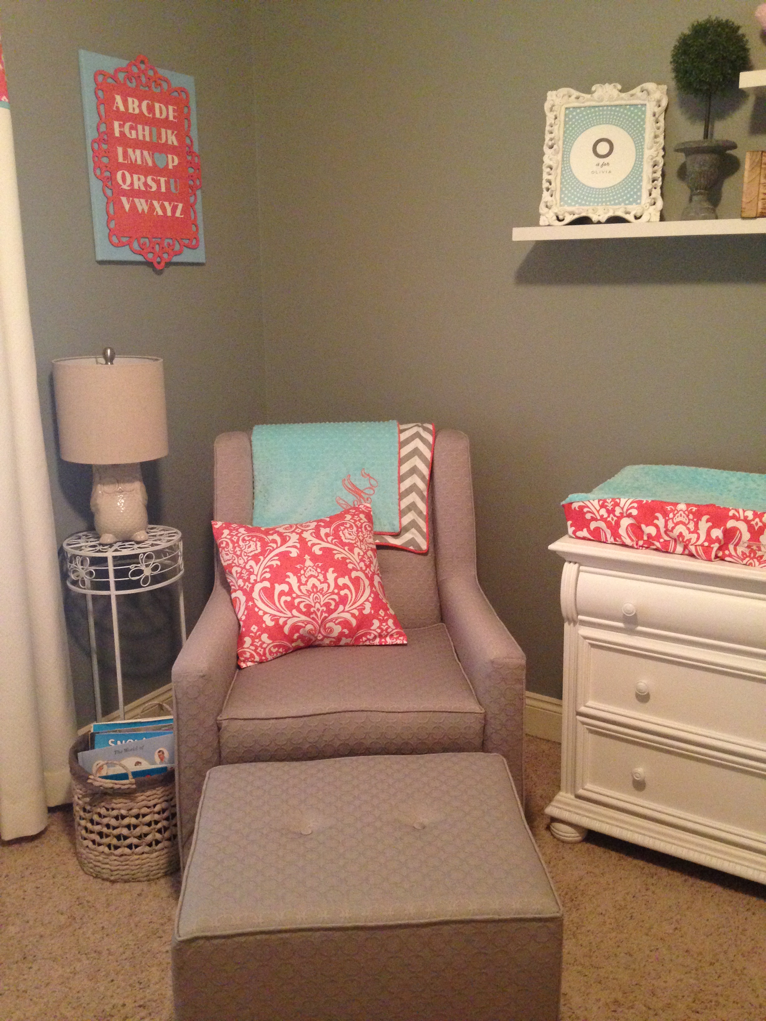 Modern Gray Glider and Ottoman with Coral Accent Pillow