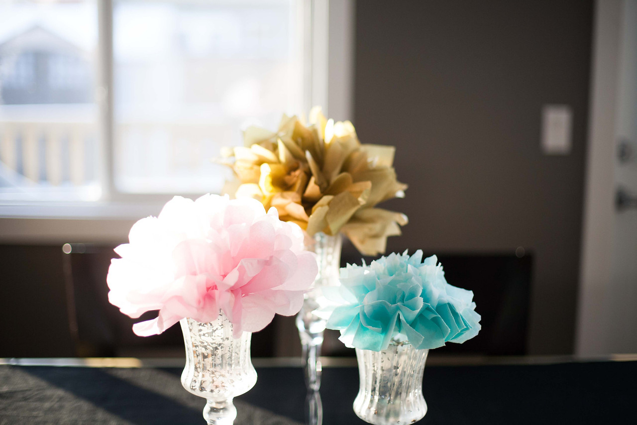 Tissue Pom Flowers in Crystal Vases