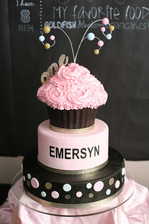 Pink and Black Cupcake 1st Birthday Cake