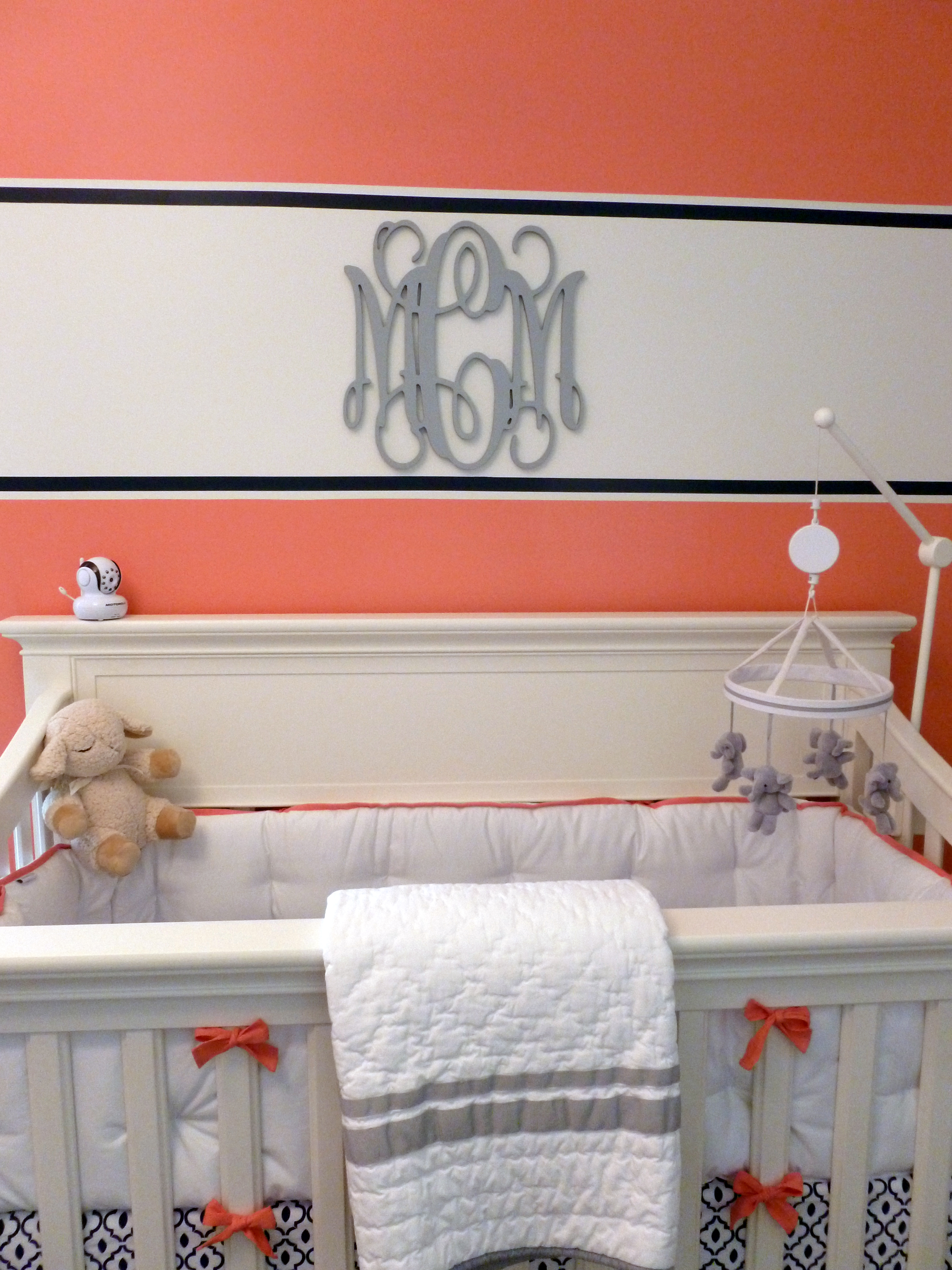 Paint Band Accent Striped Wall with Monogram Over Crib