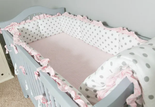 Gray Crib with Pink and Gray Polka Dot Bedding