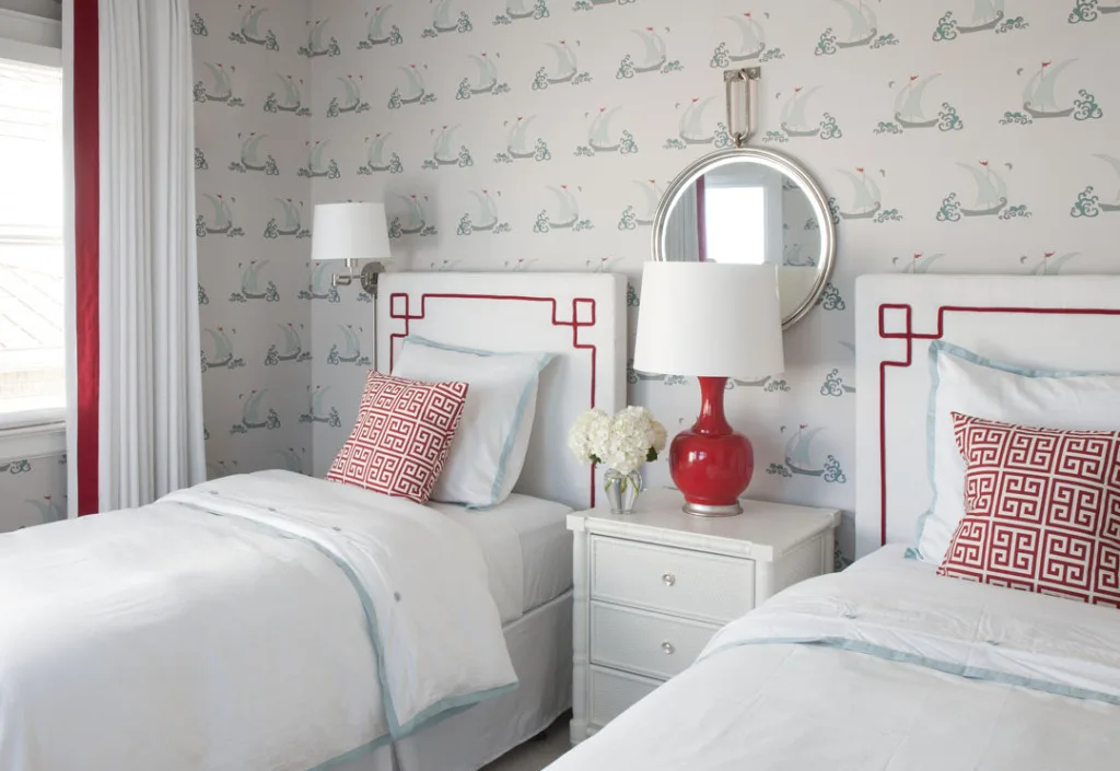 Red and Aqua Twin Bedroom with Sailboat Wallpaper - Project Nursery