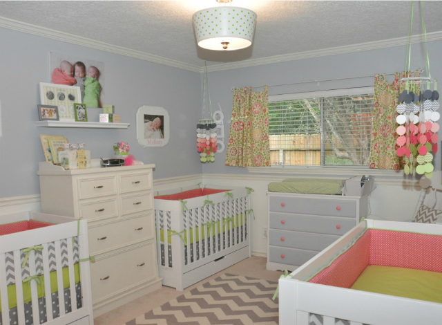 Pink, Green and Gray Triplet Nursery - Project Nursery