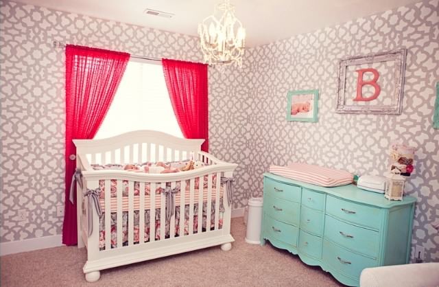 Geometric Wallpaper in Coral and Aqua Nursery - Project Nursery