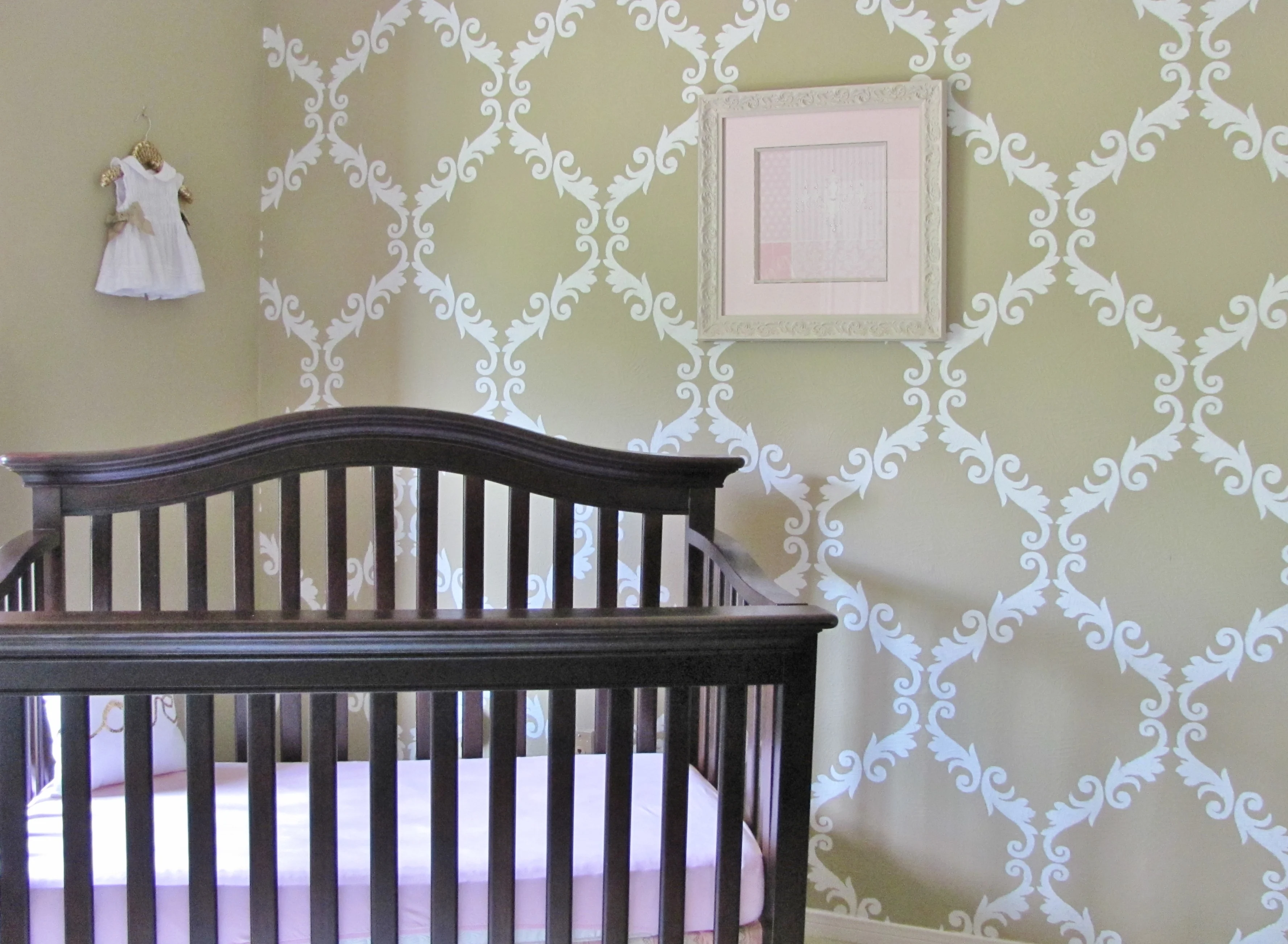 Damask Wall Stencil in Pink and Tan Nursery