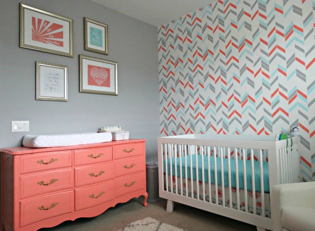 Coral, Aqua and Gray Nursery with Herringbone Accent Wall - Project Nursery