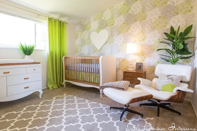 Lime Green and White Nursery with Heart Patterned Wallpaper