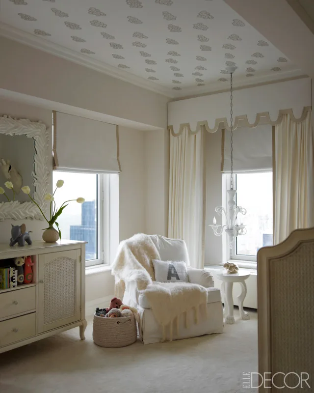 Sophisticated Girls Nursery with Wallpapered Ceiling