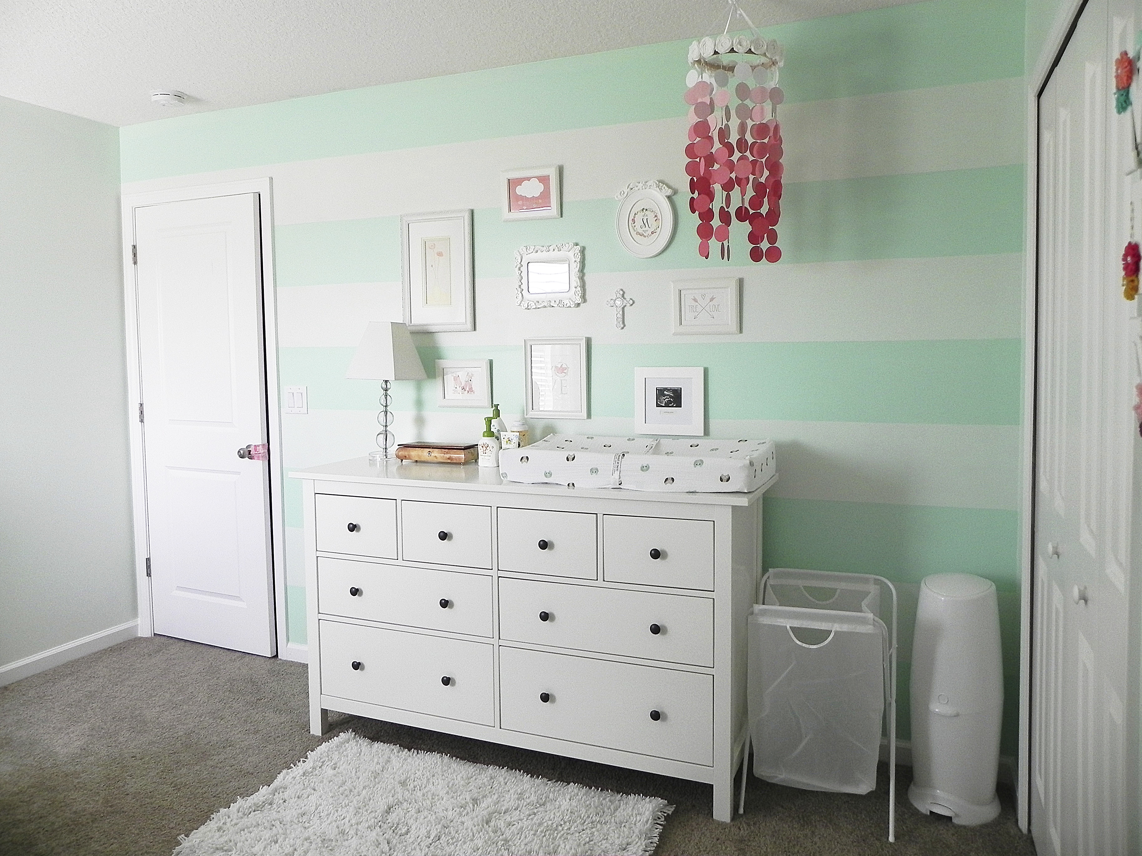 Mint Green and White Striped Nursery Accent Wall