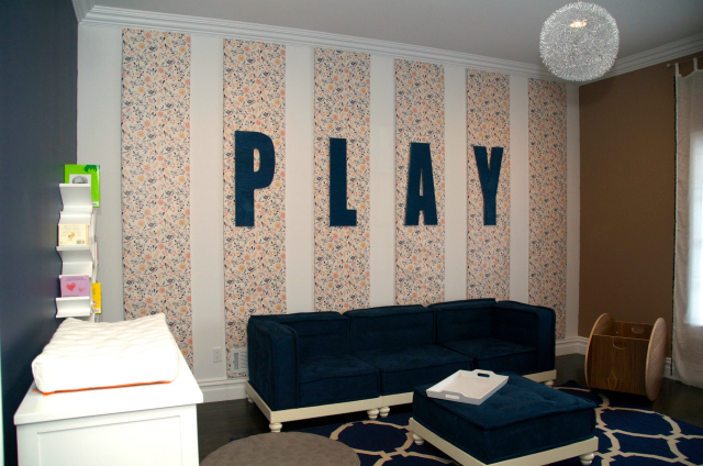 Modern Navy Playroom with Wallpapered Accent Wall