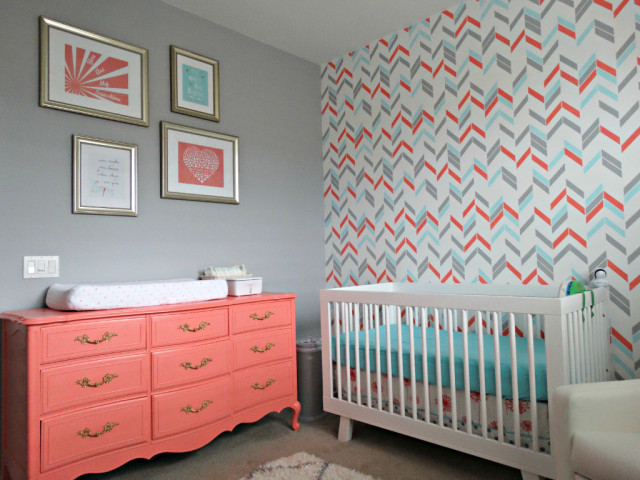 Coral, Aqua and Gray Nursery with Stenciled Herringbone Accent Wall - Project Nursery