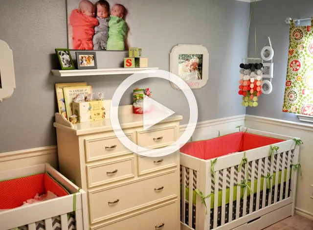 Coral and Green Triplet Nursery for Girls - Project Nursery