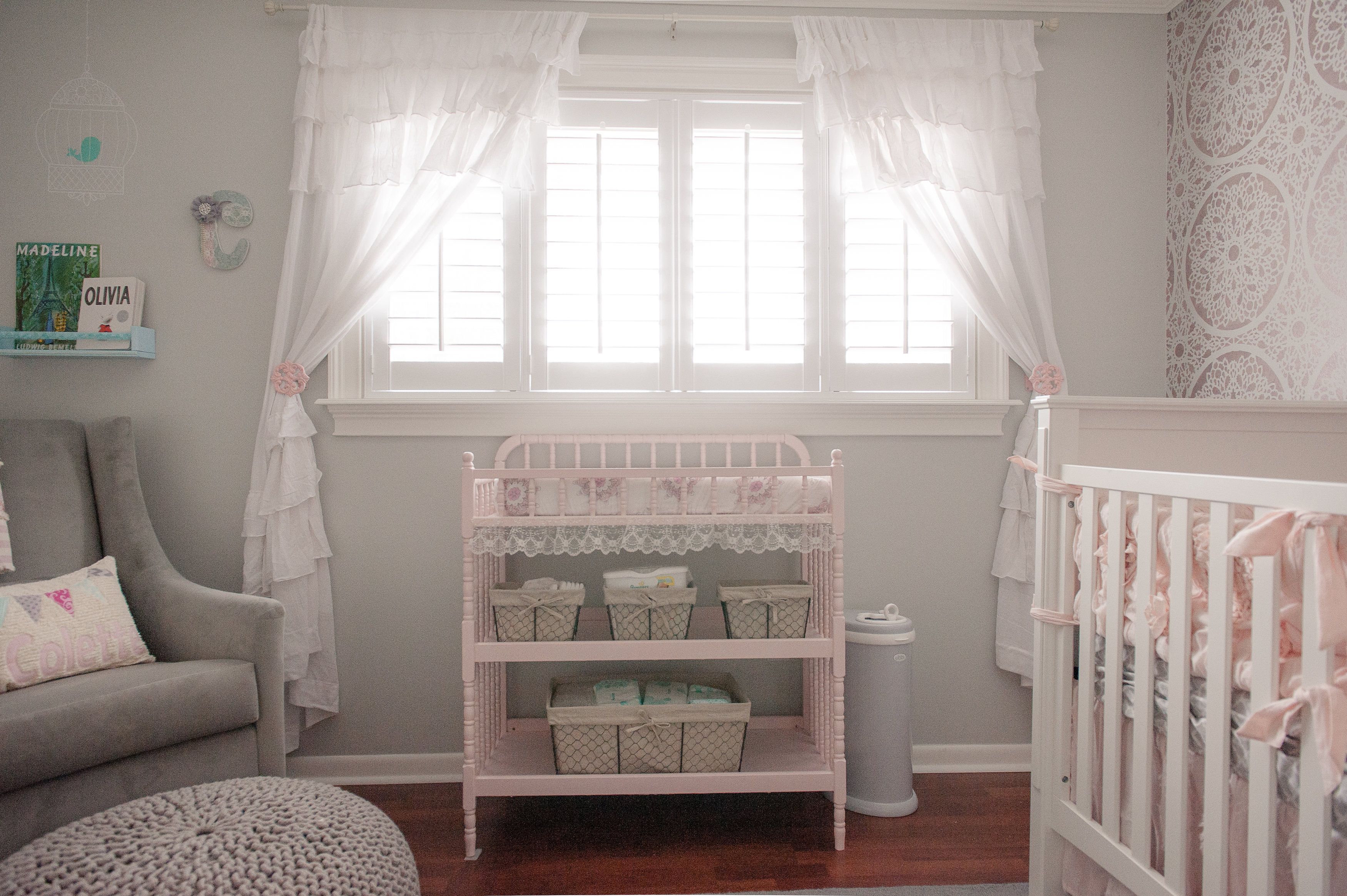 Shabby Chic White Curtains with Painted Tie-Backs