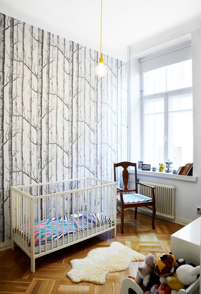Nursery with Black and White Woodland Wallpaper