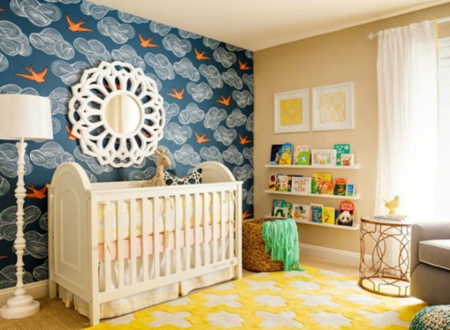 Nursery with Vintage Bird Wallpaper