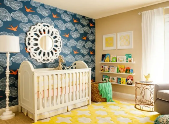 Nursery with Vintage Bird Wallpaper
